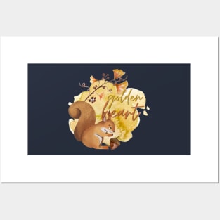 Golden Heart Watercolour Autumn Squirrel Posters and Art